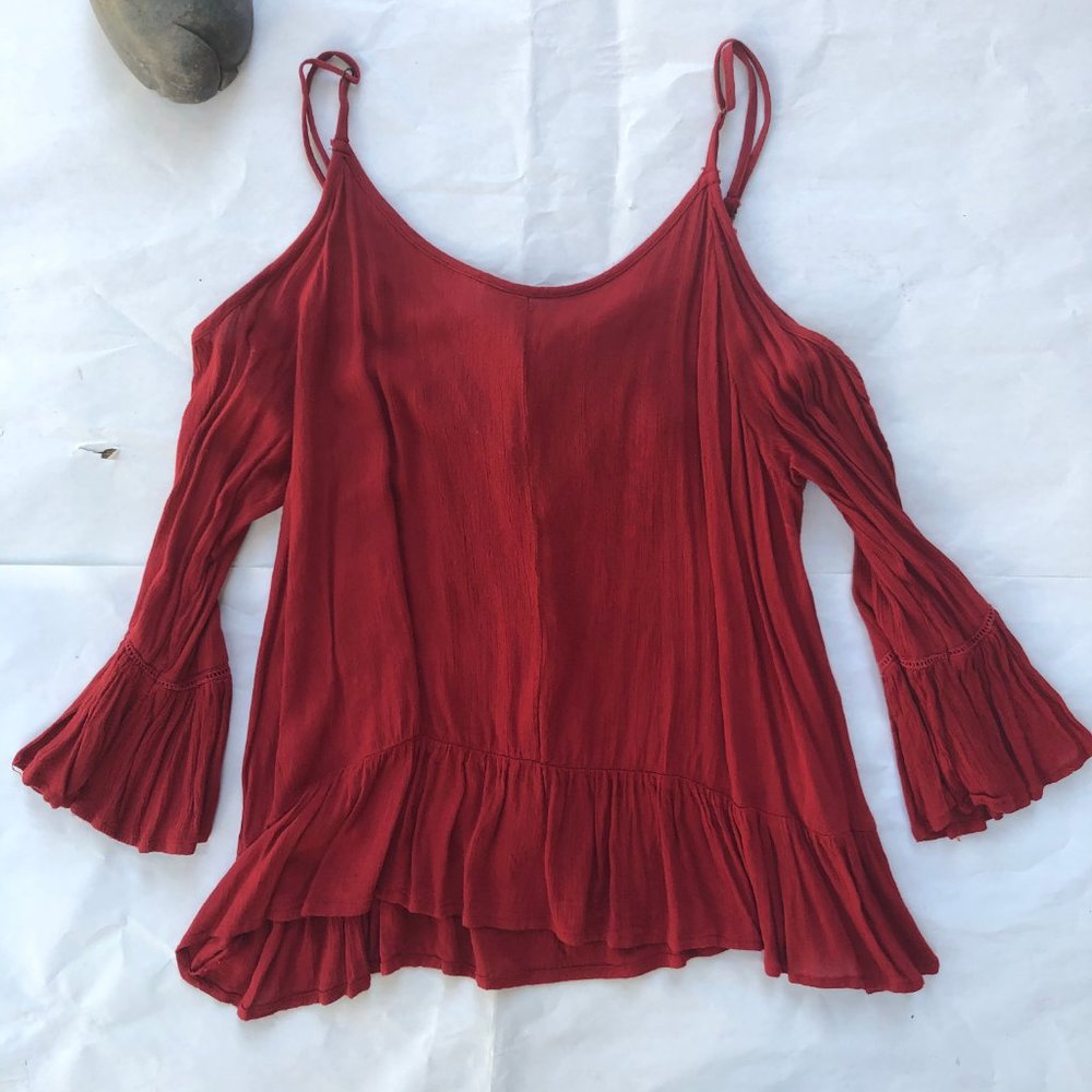 Japna Cold Shoulder Bell Sleeve Top S - Picture 2 of 5